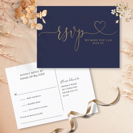 Carte de réponse RSVP Navy et cœur en or écriture 