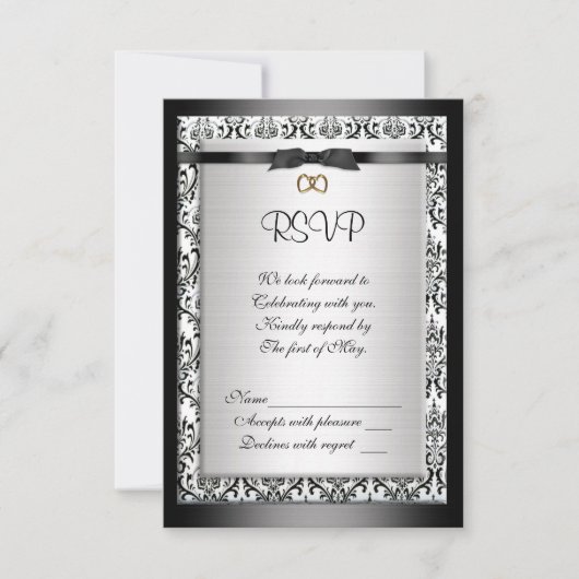 Carte de réponse Rsvp noir et blanc Damas (Devant)
