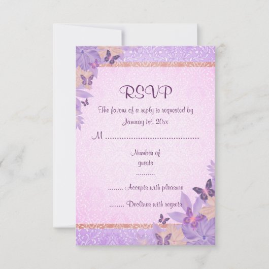 Carte de réponse RSVP Papillon Violet/Pêche & Dama (Devant)