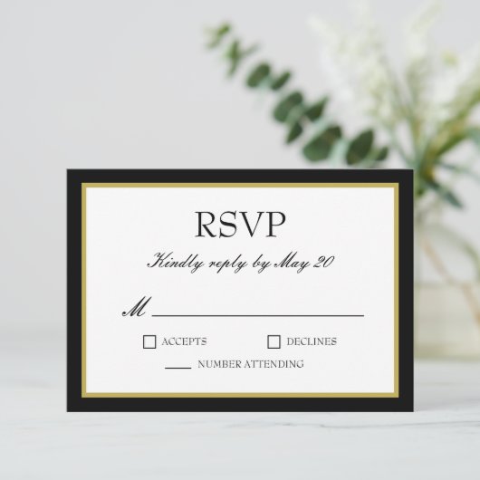 Carte de réponse RSVP pour mariage à bordure dorée (Debout devant)