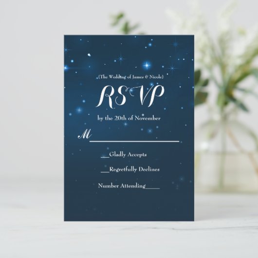 Carte de réponse RSVP pour mariage bleu étoilé (Debout devant)