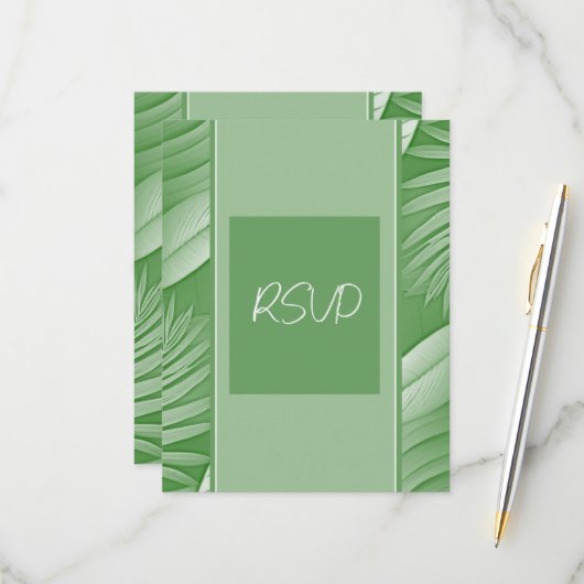 Carte de réponse RSVP pour mariage thème vert trop (Devant/Arrière en situation)