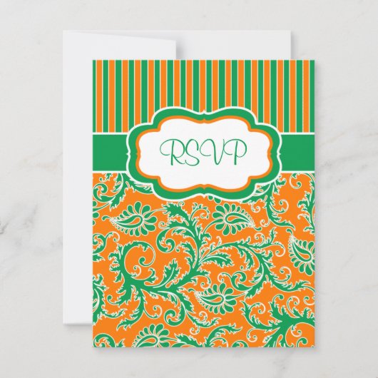 Carte de réponse RSVP rayée florale orange, vert e (Devant)