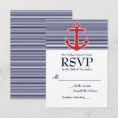 Carte de réponse RSVP rayée nautique Red Anchor (Devant / Derrière)