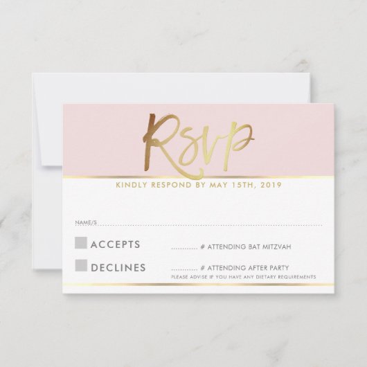 CARTE DE RÉPONSE RSVP rose blush pâle écriture dor (Devant)