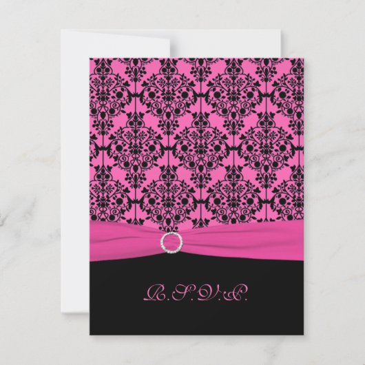 Carte de réponse RSVP rose et noir à motif damassé (Devant)