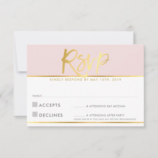 CARTE DE RÉPONSE RSVP rose pâle écriture dorée (Devant)