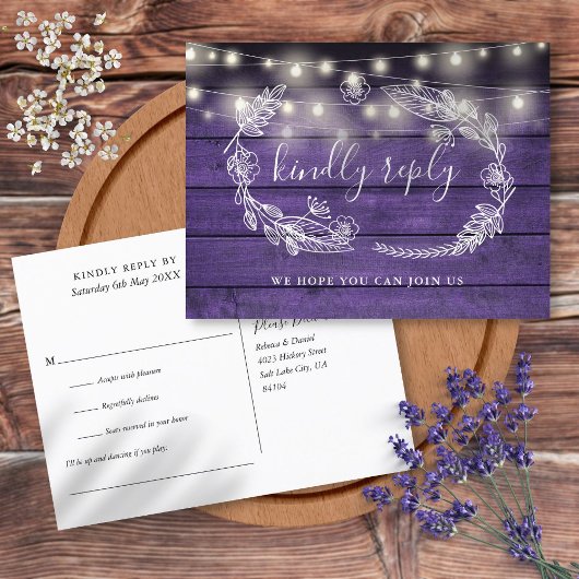 Carte de réponse RSVP Rustique en Bois Violet avec