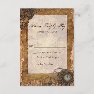 Carte de réponse RSVP Steampunk Bois Vintage indus