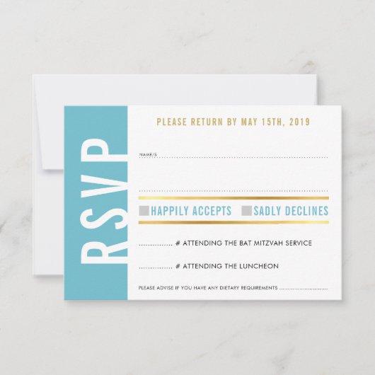 CARTE DE RÉPONSE RSVP turquoise blanc cœurs or (Devant)