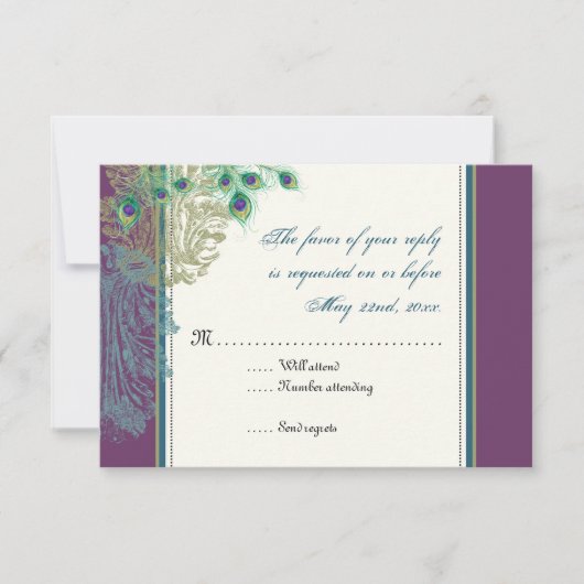 Carte de réponse RSVP vintage Peacock, Feathers (Devant)