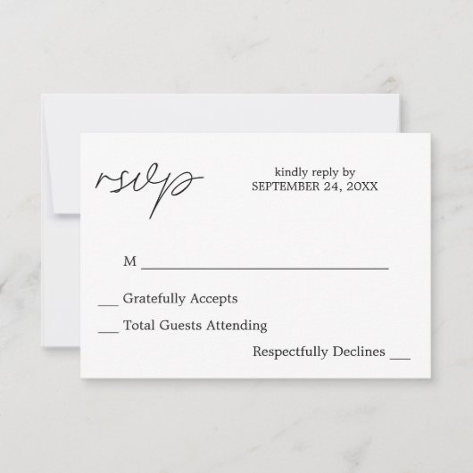 Carte de réponse sans repas Calligraphie Noir & Bl (Devant)