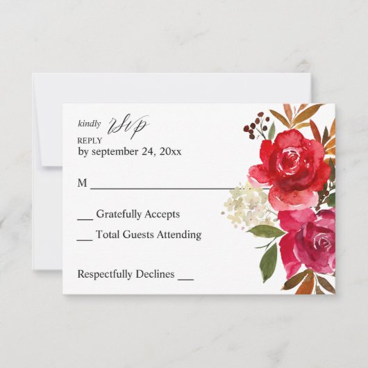 Carte de réponse sans repas Fleur rose rouge et ro (Devant)