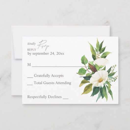 Carte de réponse sans repas Fleurs blanches & verd (Devant)