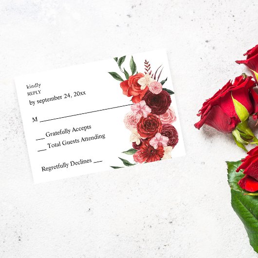 Carte de réponse sans repas Fleurs rouges