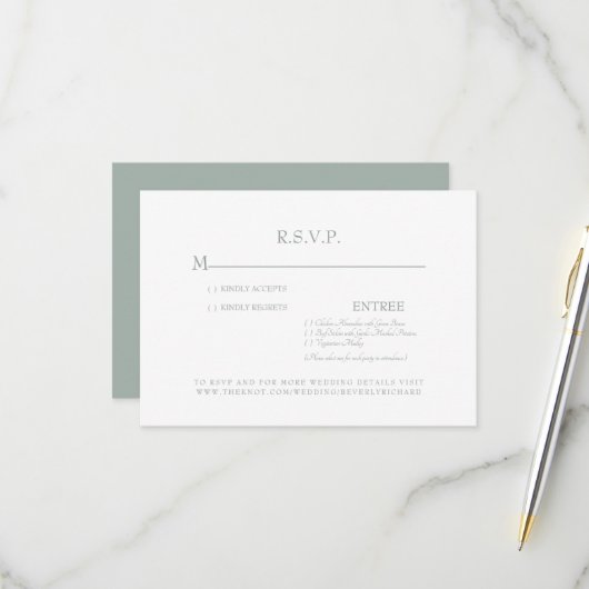 Carte de réponse simple de mariage Sage & Blanc (Devant/Arrière en situation)