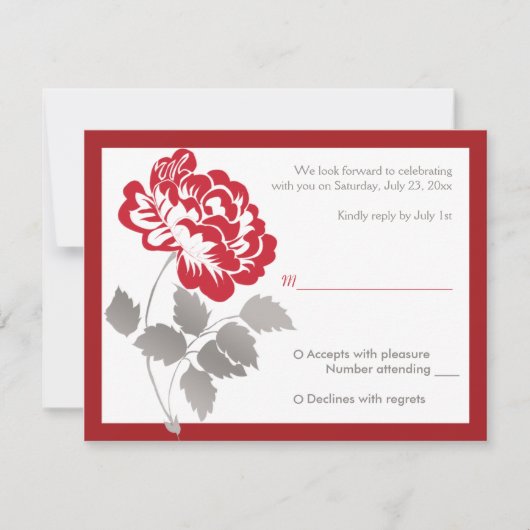 Carte de réponse Taupe, Blanc, Paeony rouge (Devant)
