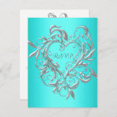 Carte de réponse turquoise Blue Silver Heart RSVP (Devant / Derrière)