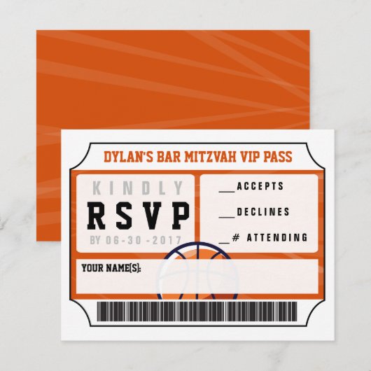 CARTE DE RÉPONSE VIP BASKETBALL Bar Bat Mitzvah (Devant / Derrière)