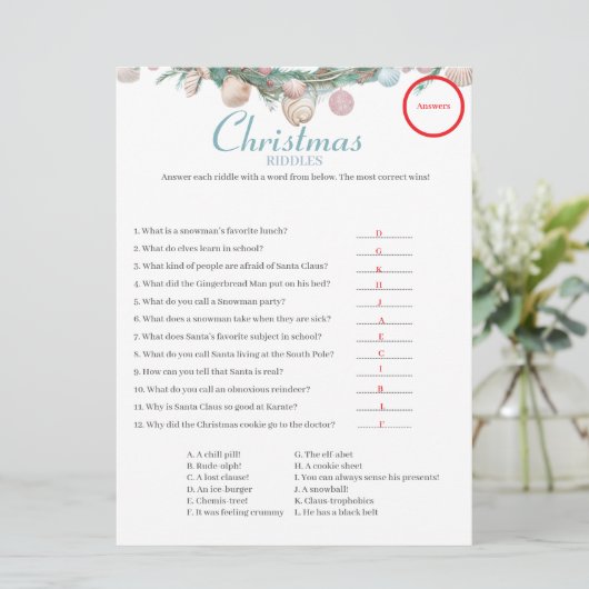Carte de réponses du jeu de devinettes de Noël côt (Debout devant)