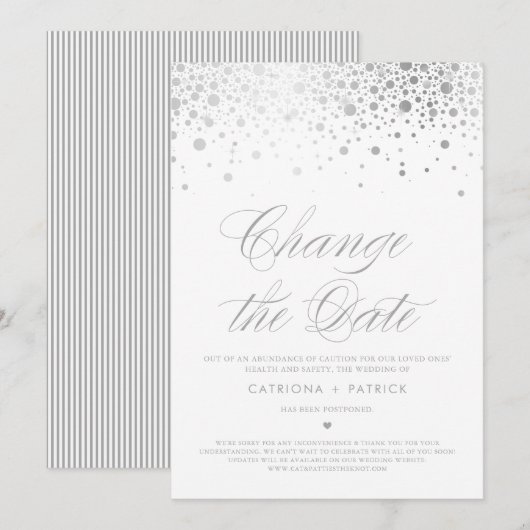 Carte de report de date en confettis argentés (Devant / Derrière)
