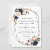 Carte de report de mariage à fleurs Navy et blush (Devant)