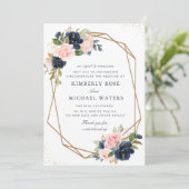 Carte de report de mariage à fleurs Navy et blush (Debout devant)