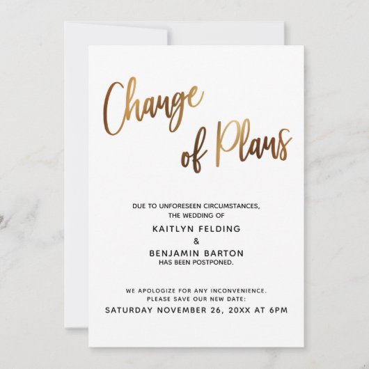 Carte de report de mariage Changement de plans Or (Devant)