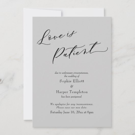 Carte de report de mariage gris clair "L'amour est (Devant)