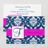 Carte de Réservation Fuchsia et Bleu Marine Damass (Devant / Derrière)