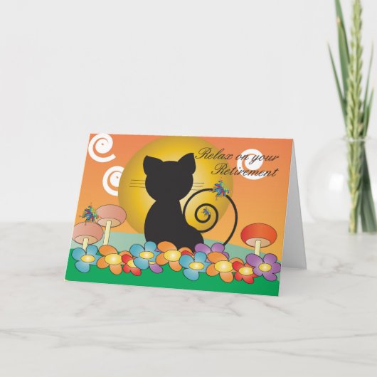 Carte de retraite avec Chat noir observant un couc (Devant)