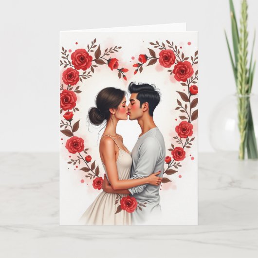 Carte de roses rouges romantiques pour un baiser (Devant)