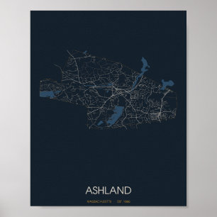 Carte de rue d'Ashland Massachusetts Poster (Nuit)
