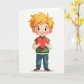 Carte de Saint-Valentin avec un garçon mignon et u (Fleur jaune)