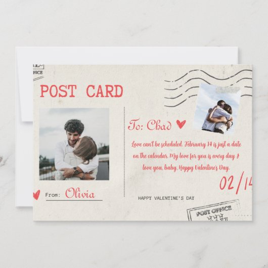 Carte de Saint-Valentin beige et rouge au design e (Devant)