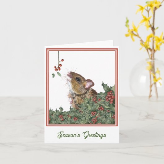 Carte de saison festive Souris, Houx, Gui (Fleur jaune)