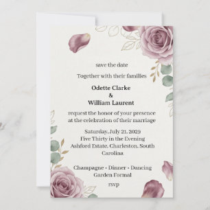 Carte de sauvegarde de date de pétales de rose mau