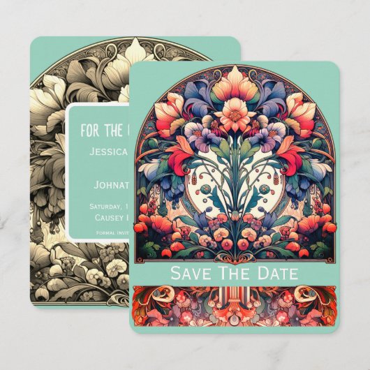 Carte de sauvegarde de date de teinte Mucha Style (Devant / Derrière)