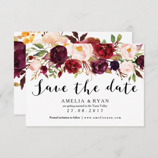 Carte de sauvegarde de date Floral Bourgogne Marsa (Devant / Derrière)