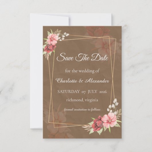 Carte de sauvegarde de date florale rose rustique (Devant)