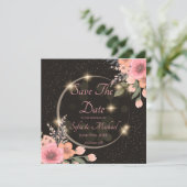 Carte de sauvegarde de date noir/fleurs (Debout devant)