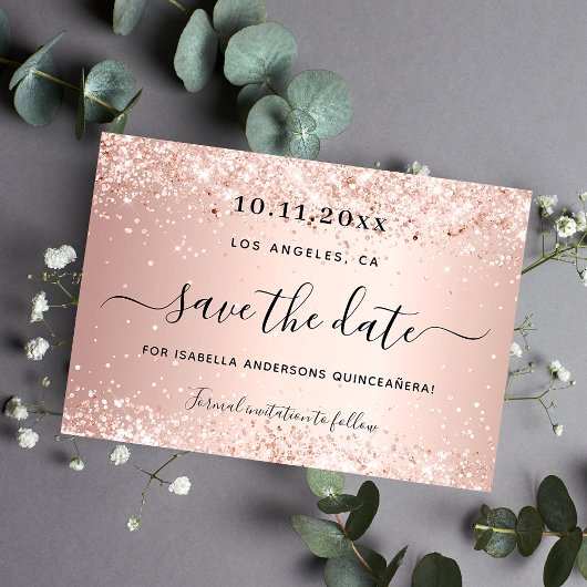 Carte de sauvegarde de date rose gold pour Quincea
