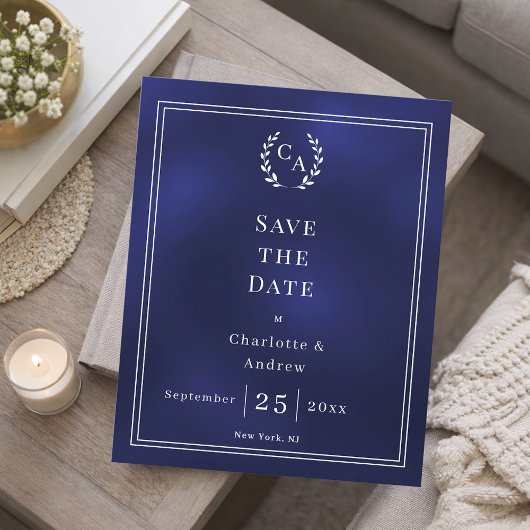 Carte de sauvegarde de mariage à monogramme bleu m
