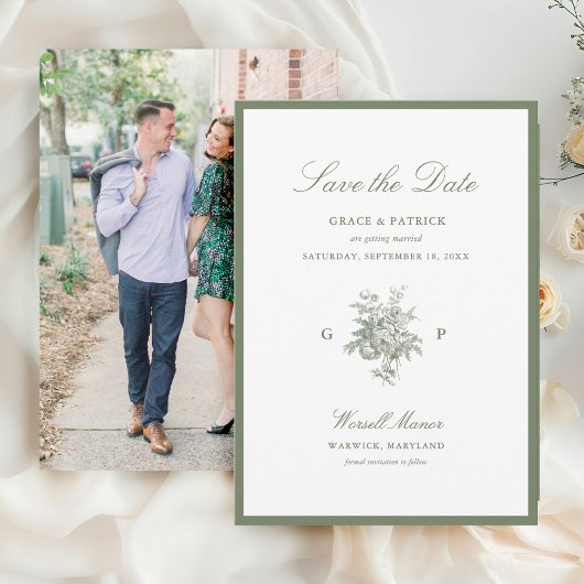 Carte de sauvegarde de mariage au monogramme vert