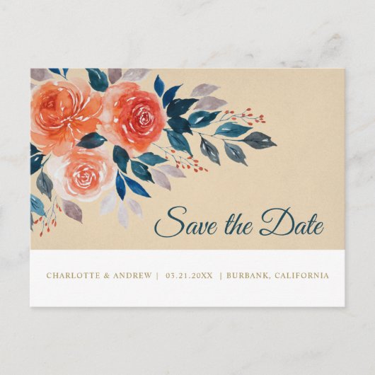 Carte de sauvegarde florale aquarelle orange et cr (Devant)