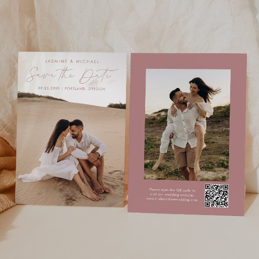 Carte de Save the Date avec code QR Rose Poussiére