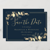 Carte de Save the Date Eucalyptus Or Navy Gold (Devant / Derrière)
