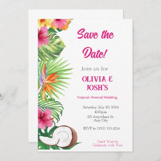 CARTE DE SAVE THE DATE MARIAGE TROPICAL (Devant / Derrière)