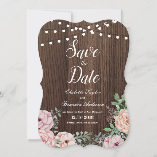 Carte de Save the Date rose élégante - bois rustiq (Devant)