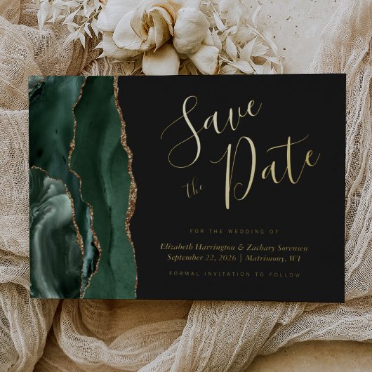 Carte de Save the Date Vert Émeraude Agate Or Fonc